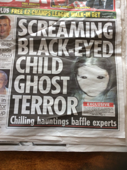 ellietheperson:Hey, sixpenceee! Just wondering, have you seen this in the newspapers? I have! I have a post on Black Eye Children here. Basically they are children with completely black eyes. People who encounter them sense dread. These children are supposed to represent danger in a harmless form. Anyway here&rsquo;s the online version of the news article for those interested. And here&rsquo;s another article on 16 Terrifying Encounters with Black Eyes Children. 