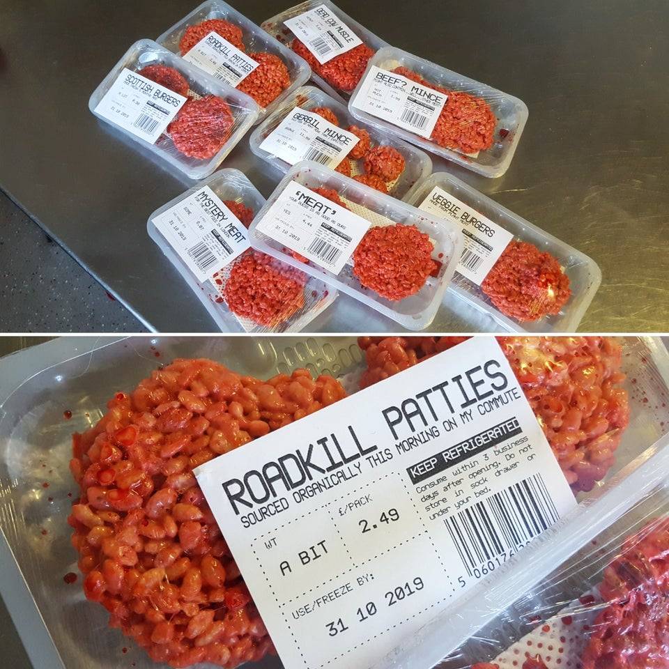 ?Tried my hand at those red-dyed rice krispy treats for Halloween. Got the trays from the butchers, made the labels myself.? posted by u/whalecat_of_the_sea