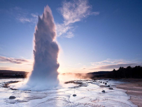 The Strokkur geyser in Iceland erupts every four to eight minutes, blasting water up to 130 feet into the air. Hot magma under the Earth heats water until it spews out of a hole in the ground. (Source)