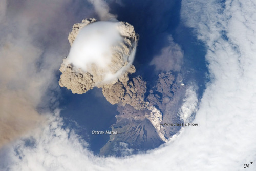 Sarychev VolcanoA fortuitous orbit of the International Space Station allowed the astronauts this striking view of Sarychev Volcano (Kuril Islands, northeast of Japan) in an early stage of eruption on June 12, 2009. Sarychev Peak is one of the most active volcanoes in the Kuril Island chain, and it is located on the northwestern end of Matua Island. (Source)