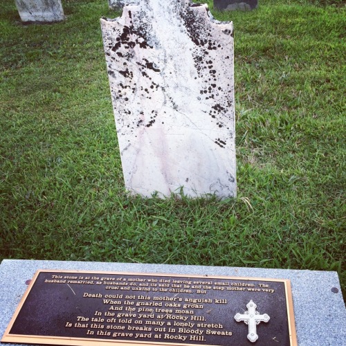 ROCKY HILL CEMETERY: THE TOMBSTONE THAT &ldquo;BLEEDS&rdquo;I am unsure about the entire truth, but this is a description according to this website:&ldquo;There is a tombstone in Rocky Hill Cemetery that bleeds. The woman it belongs to told her husband if he remarries and his new wife is cruel to her children her tombstone will bleed. They have changed the tombstone several times and the blood keeps coming back. They have an inscription in front of her tombstone that reads: This stone is at the grave of a mother who died leaving several small children. It is said that the husband remarried and the stepmother was very cruel to the children." 