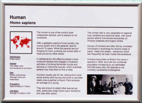 An old classic, this sign at the Bristol Zoo provides information about the most prevalent resident and visitor: the human.