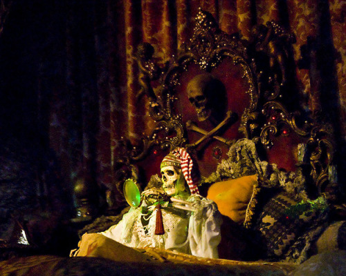 There’s just one real human skull left at Pirates of the Carribean in Disney LandWhen it first opened, there were human skeletons galore. Now, there’s only one remnant left of human remains — the skull and crossbones located over the bed in the Captain’s Quarters. (Source)
