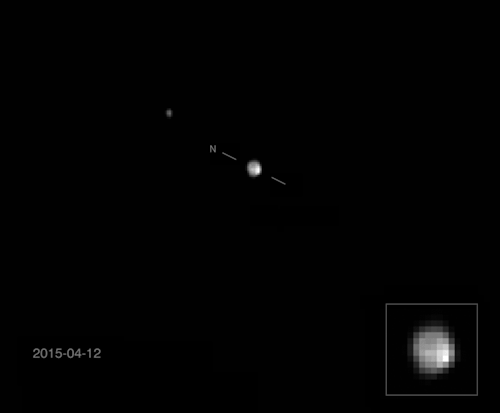 A Polar Ice Cap? On April 29, NASA released a series of images showing broad areas of light and dark surface features on Pluto. A bright patch near the north pole was described as &ldquo;suspiciously suggestive of a polar cap.” These images have been stabilized so Pluto remains centered, with a line showing the orientation of the planet’s north pole. In reality, the gravity of the large moon Charon makes Pluto wobble.(Source)