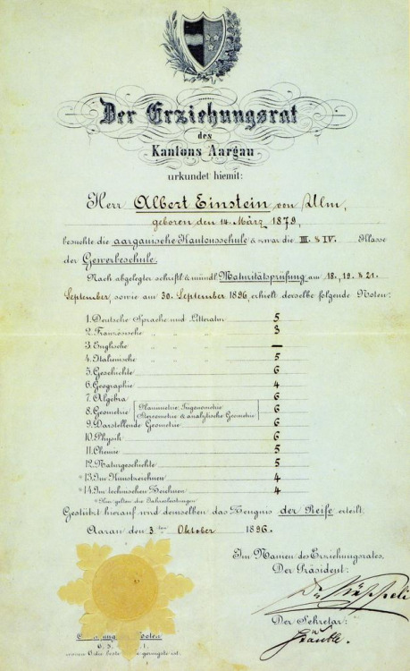 Albert Einstein&rsquo;s matriculation certificate that he received at the age of 17, showing his final grades from the Aargau Kantonsschule (on a scale of 1-6).Source: Wikipedia &amp; Emlii