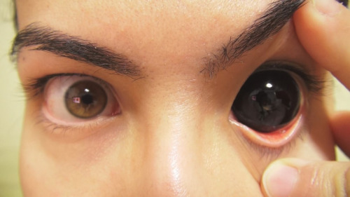Black sclera contacts cover your entire eye pitch black. They are perfect for Halloween although they can be quite dangerous.Picture credit: Youtuber KisaMake
