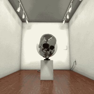 Moving Skull Illusion. It seems this was crafted by bigblueboo. Holbein did it first, in his painting The Ambassadors &amp; Robert Lazzarini then made it 3-D. Rober Lazzarini Skulls. 